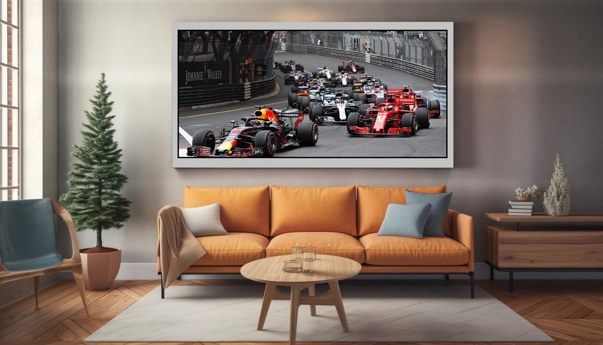 Wohnzimmer Leinwand Monaco Formel 1 Rennstrecke mit Formel 1 Rennautos fahren um Kurve rot orange silber grau