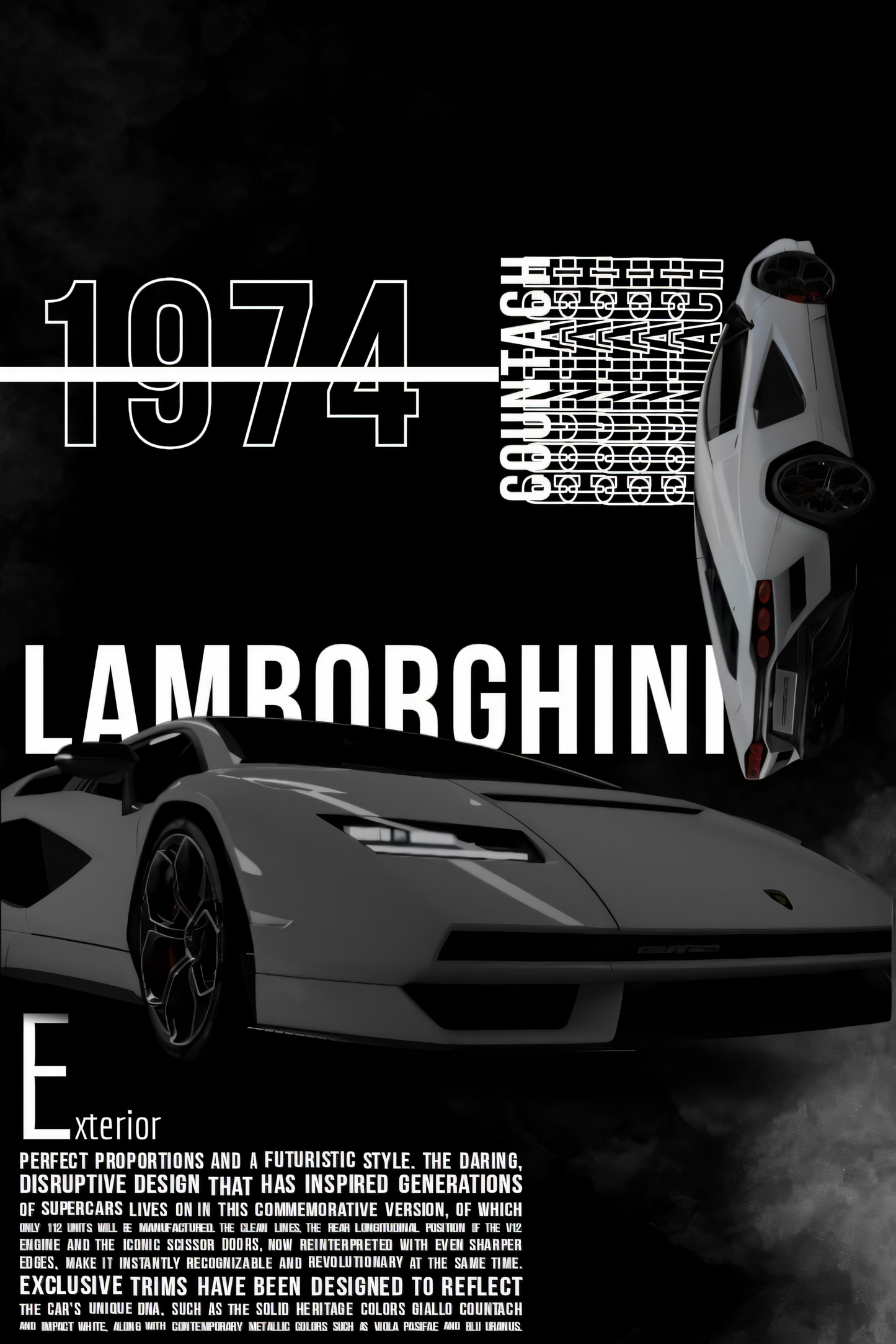 Nahaufnahme Poster mit Rahmen von Lamborghini aus dem Jahr 1974 mit beschreibung und überschrift auf schwarzem hintergrund weiß grau