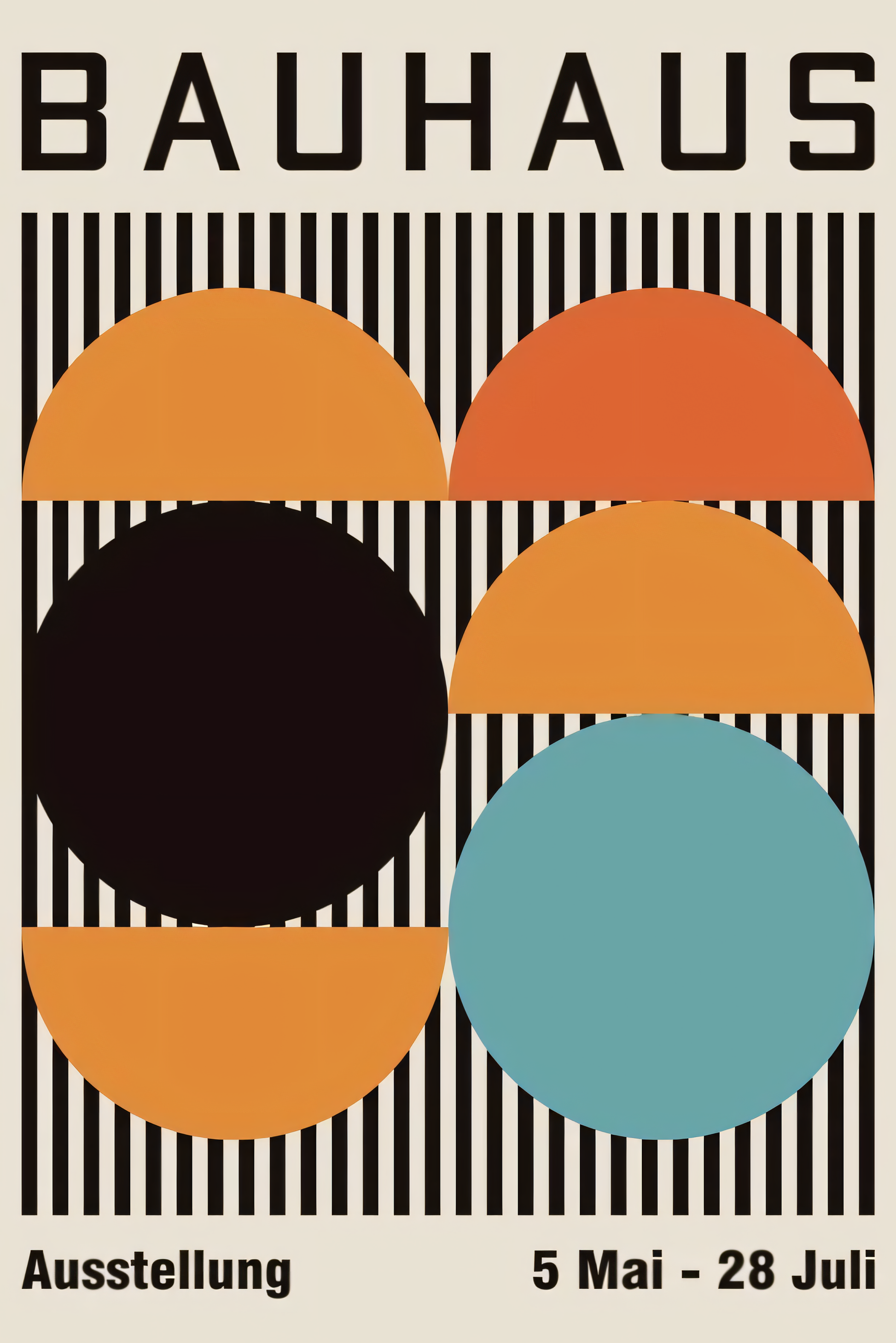 Nahaufnahme Poster mit Rahmen Bauhaus Ausstellung mit Beschriftung und Überschrift und geometrischen Formen Kreisen und Halbkreisen mit schwarzen Balken in Blau schwarz beige orange gelb