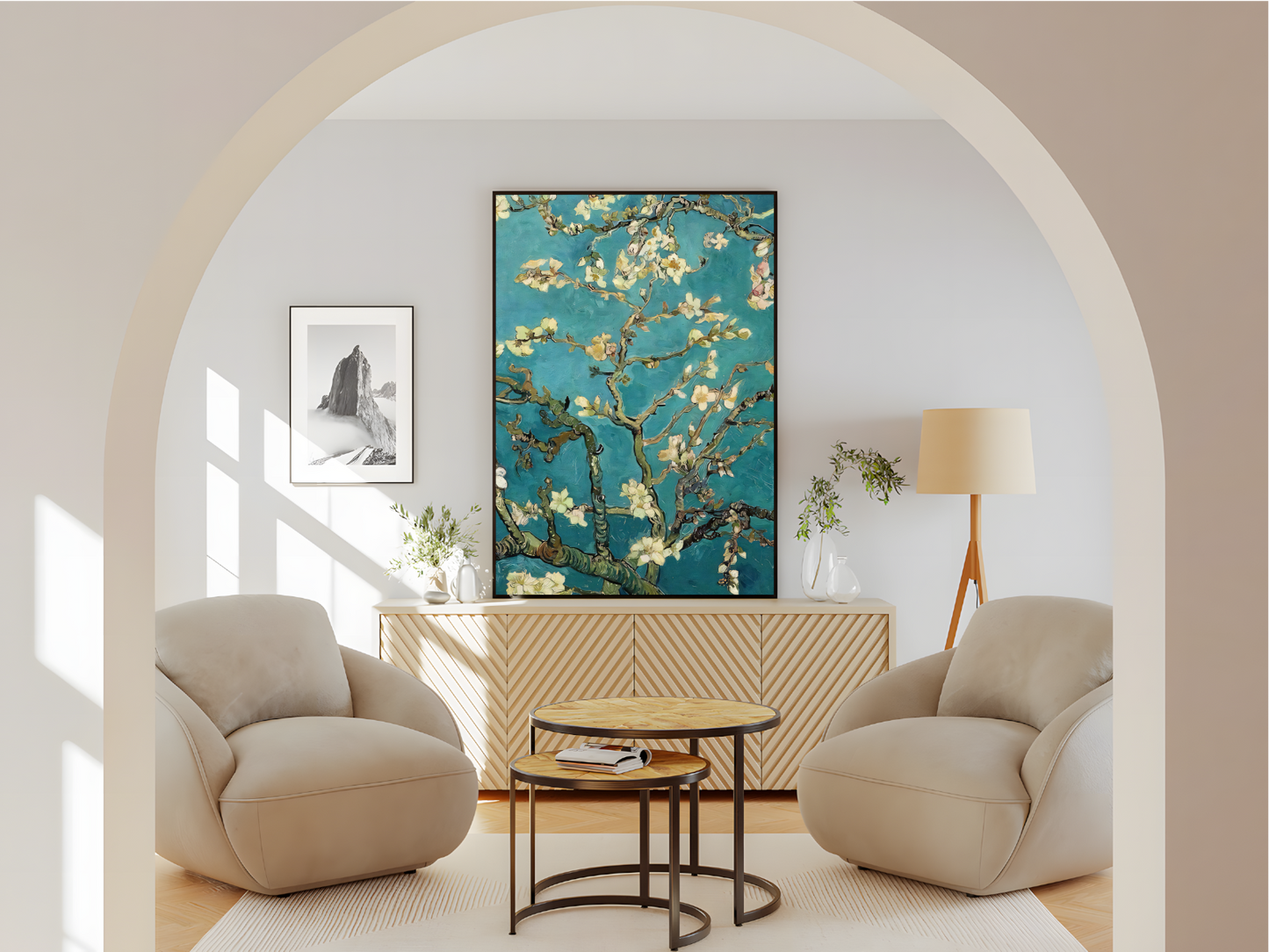 Wohnzimmer Poster mit Rahmen Bäume und Blumen in Türkis als Gemälde gezeichnet in Türkis Blau weiß beige braun