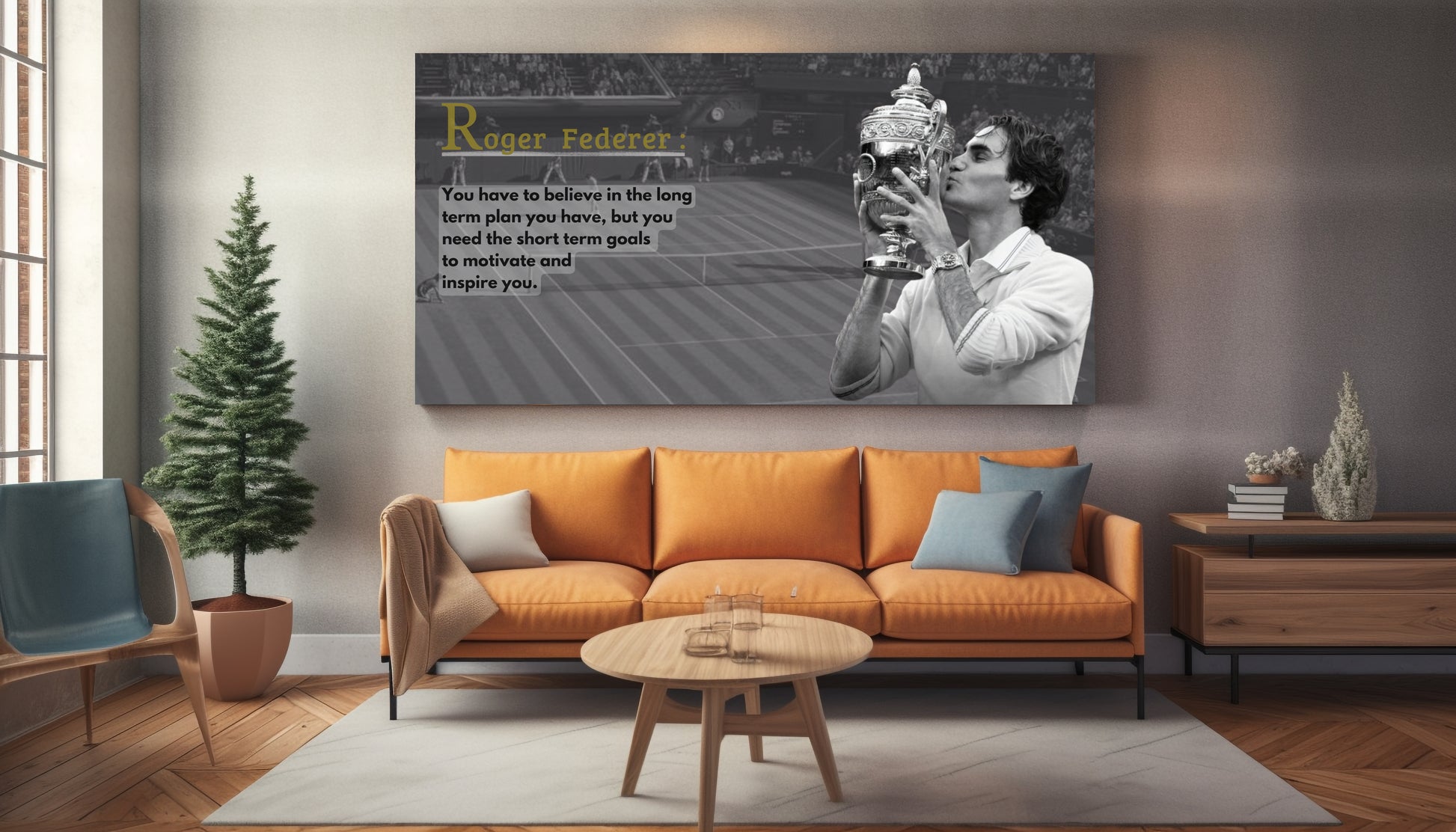 Wohnzimmer Leinwand von Roger Federer bei siegerehrung mit Pokal mit motivierendem Zitat und Überschrift mit Tennisstadium und Tennisplatz im Hintergrund grau weiß