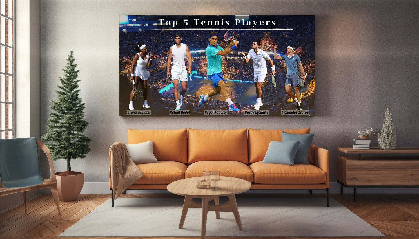 Wohnzimmer Leinwand mit 5 verschiedene Tennis Spielern und im hintergrund ein Tennisstadium mit Tennisplatz in schwarz blau orange und weiß