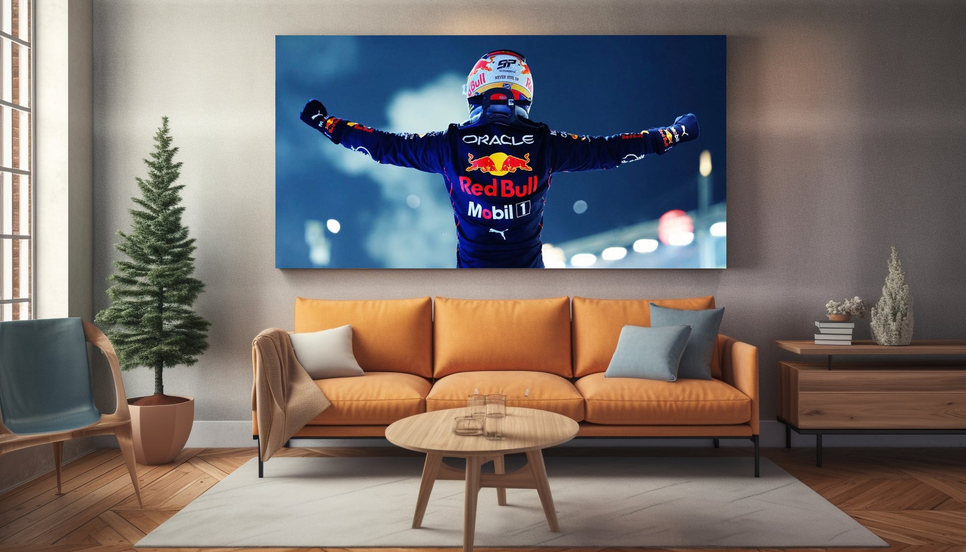 Wohnzimmer Leinwand von Max Verstappen Formel 1 Rennfahrer ansicht von hinten beim Jubeln mit blauen Himmel hintergrund Blau weiß rot gelb weiß