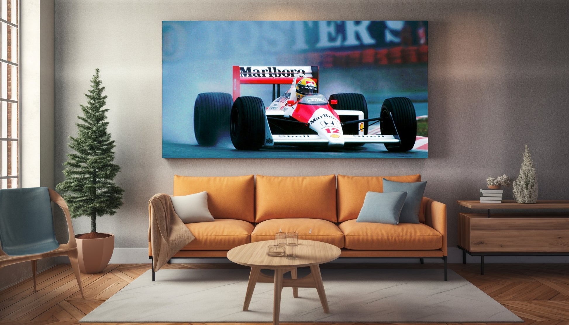 Wohnzimmer Leinwand Formel 1 Vintage Formel 1 Auto von Ayrton senna mit Regen sprizern in rot weiß schwarz blau