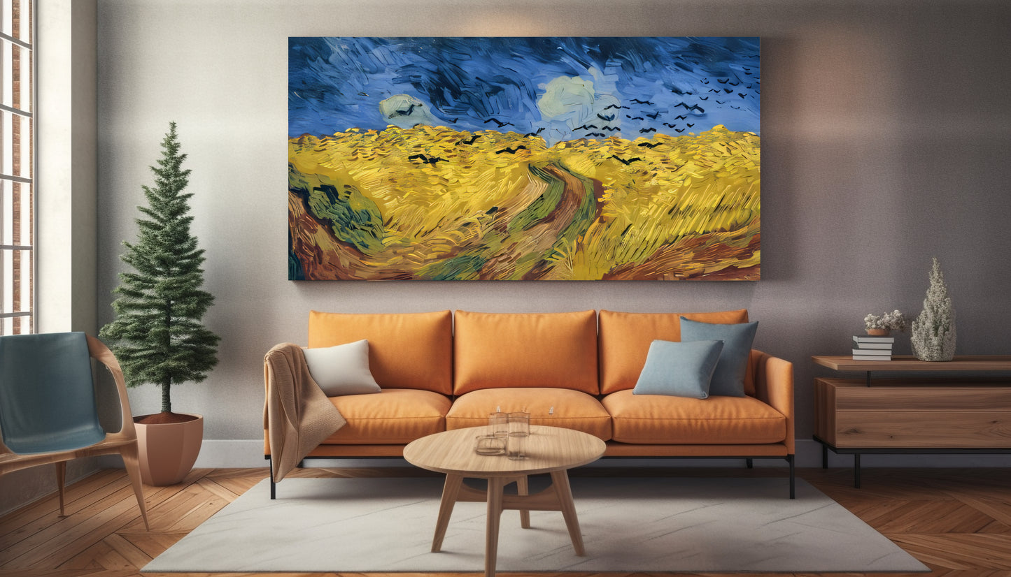 Wohnzimmer  Leinwand gezeichnetes gemaltes Gemälde von Van Gogh mit raben über felder in blau gelb beige schwarz