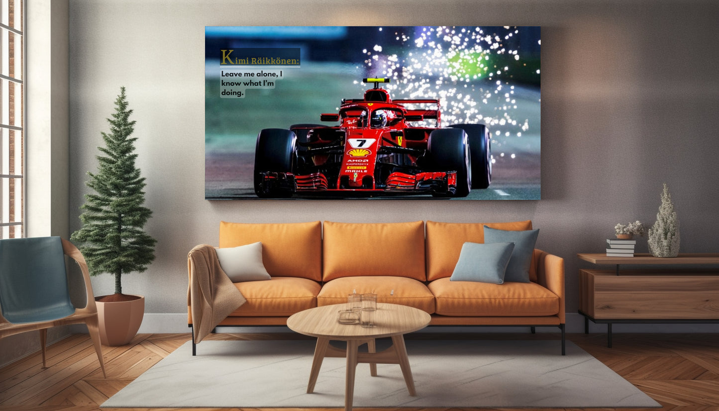 Wohnzimmer Leinwadn mit Formel 1 Auto mit funken und überschrift und motivationszitat  auf Rennstrecke rot grün blau grau weiß