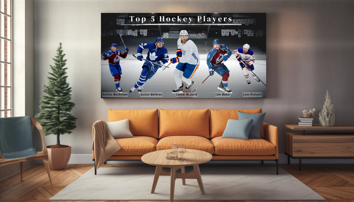 Wohnzimmer Leinwand mit 5 verschiedenen Hockeyspielern und deren Namen alle mit Hockeyschläger und Hockeytrainingsanzug und überschrift in grau weiß blau rot 