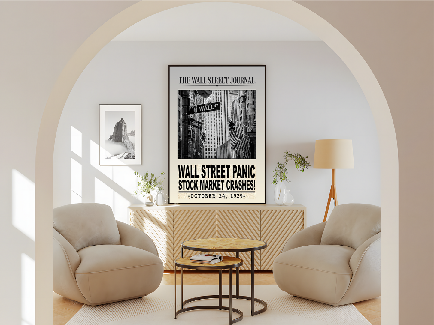 Wohnzimmer Poster mit Rahmen von Wallstreet mit Vintage Zeitungsartikel in Beige, Grau