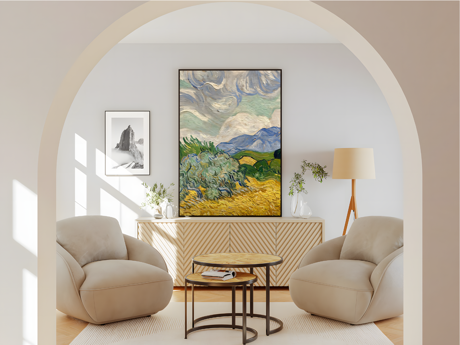 Wohnzimmer Poster mit Rahmen Landschaft mit Bergen und gras als Gemälde gezeichnet Beige grün gelb blau