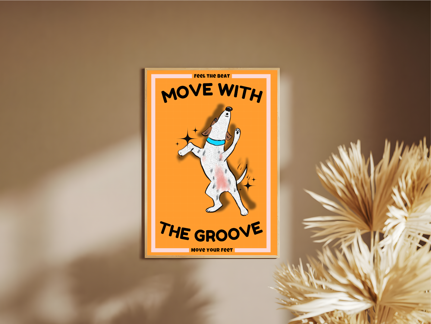 Holzrahmen Poster mit Rahmen tanzender gezeichneter Hund mit überschrift und beschriftung in orange schwarz beige 