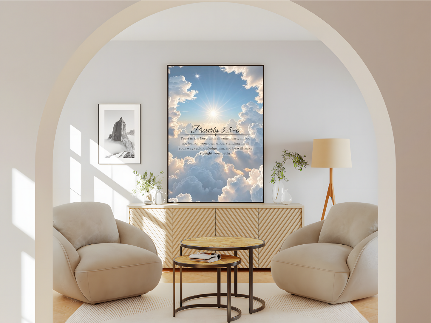 Wohnzimmer Poster mit Rahmen Himmel mit Wolken mit Religiöse überschrift und Religiösen Bibelzitat in blau weiß schwarz