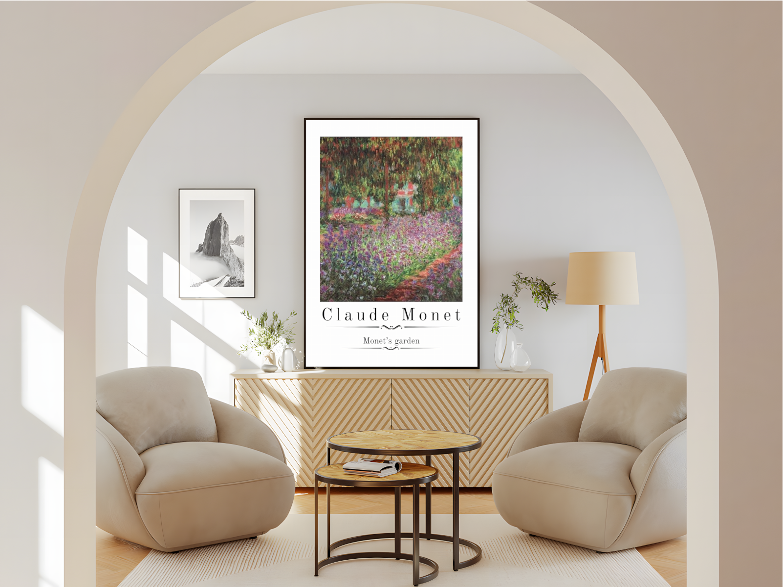 Wohnzimmer  Poster mit Rahmen Gemälde von Natur und Blumen und Pflanzen mit überschrift und Beschriftung und weißer umrandung in pink grün blau weiß schwarz