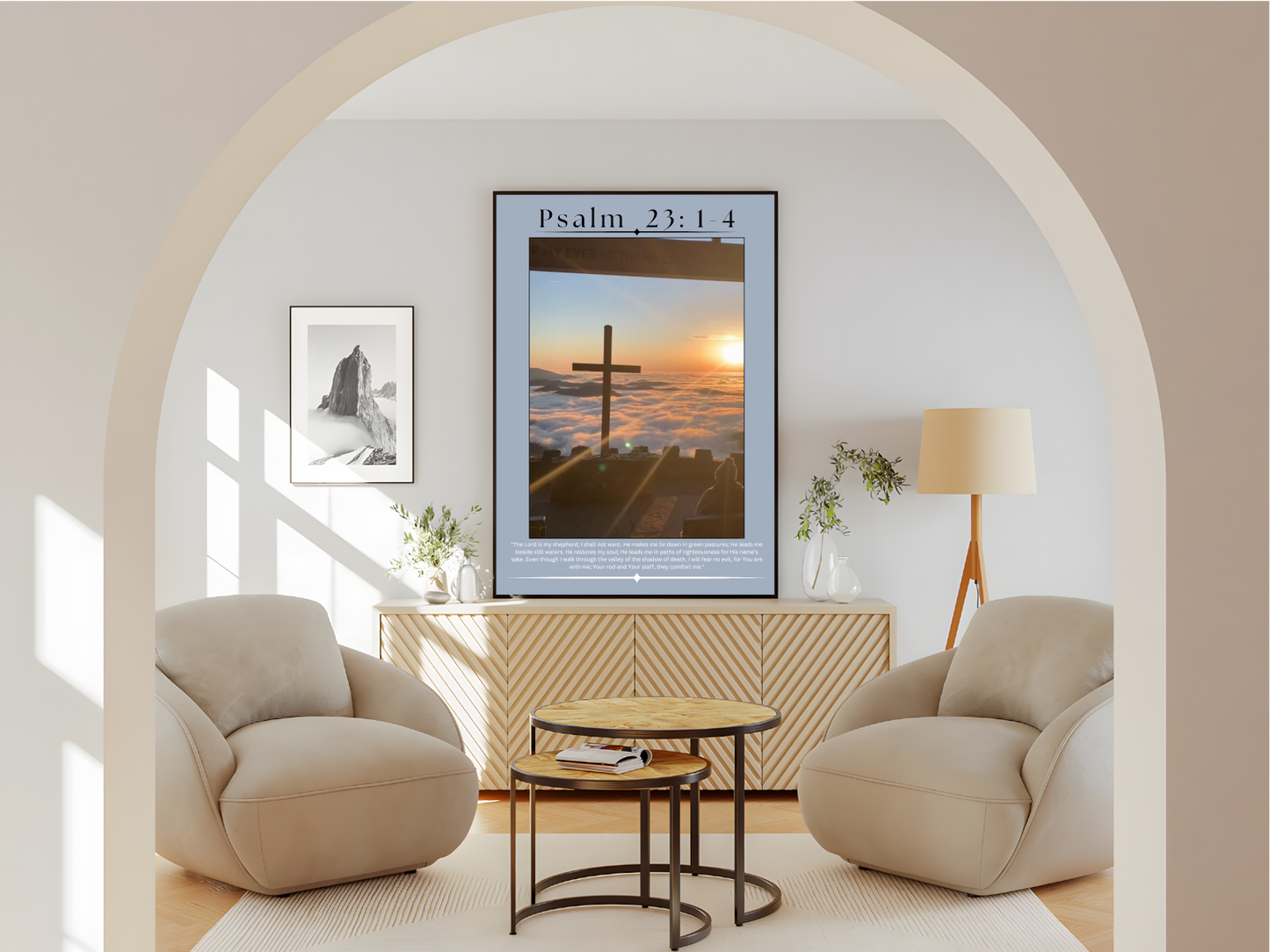 Wohnzimmer Poster mit Rahmen von Religiösen Kreuz und Landschaft und Himmel Wolken Sonne mit blauer umrandung Religiöser überschrift und Bibelzitat in blau schwarz orange weiß