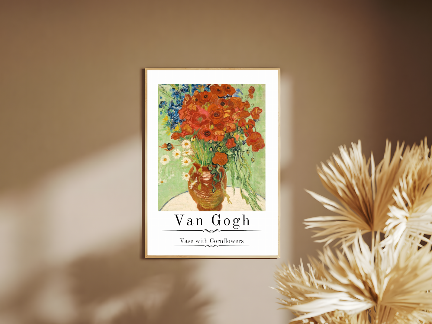 Holzrahmen Poster mit Rahmen von einem Gemälde von Van Gogh im gezeichneten still von Vase mit Blumen und weißer umrandung mit überschrift und beschriftung weiß orange grün beige braun