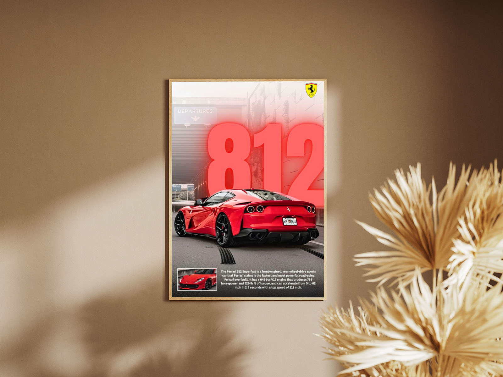 Holzrahmen Poster mit Rahmen roter Ferrari 812 mit überschrift und beschriftung und logo in rot grau schwarz gelb