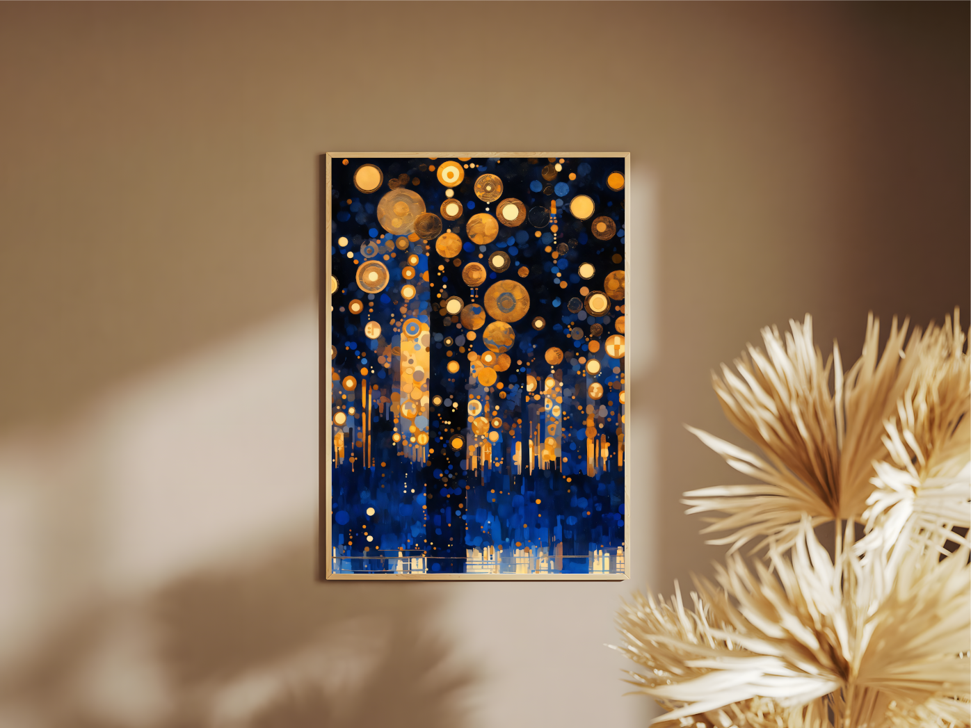 Holzrahmen Poster mit Rahmen gezeichnetes gemaltes Gemälde mit sternen Lichtkugeln im Wald mit Wasser am Boden schwarz gold blau