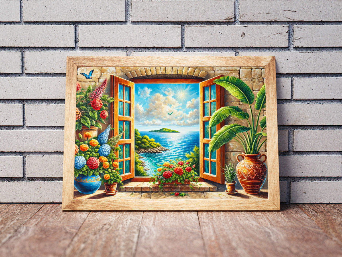 Holzrahmen Poster mit Rahmen gezeichnetes Gemälde von Fenster mit Blumen und Pflanzen und Ausblich aufs meer und Insel in der Ferne blau grün rosa beige rot