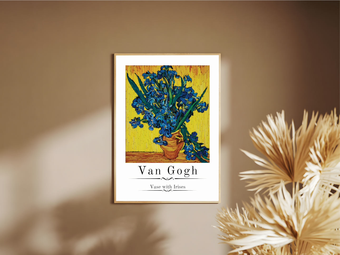 Holzrahmen Poster mit Rahmen gezeichnetes gemaltes Gemälde von Van Gogh Vase mit blumen auf gelben hintergrund mit überschrift beschreibung und weißer umrandung in gelb blau grün weiß