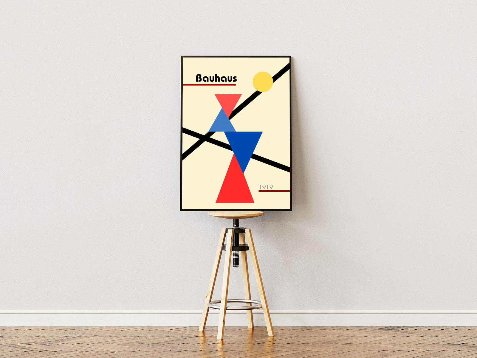 Poster ständer Poster mit Rahmen Bauhaus Austellung mit geometrischen Formen in rot blau orange schwarz mit dreiecken und linien und überschrift auf beigen hintergrund