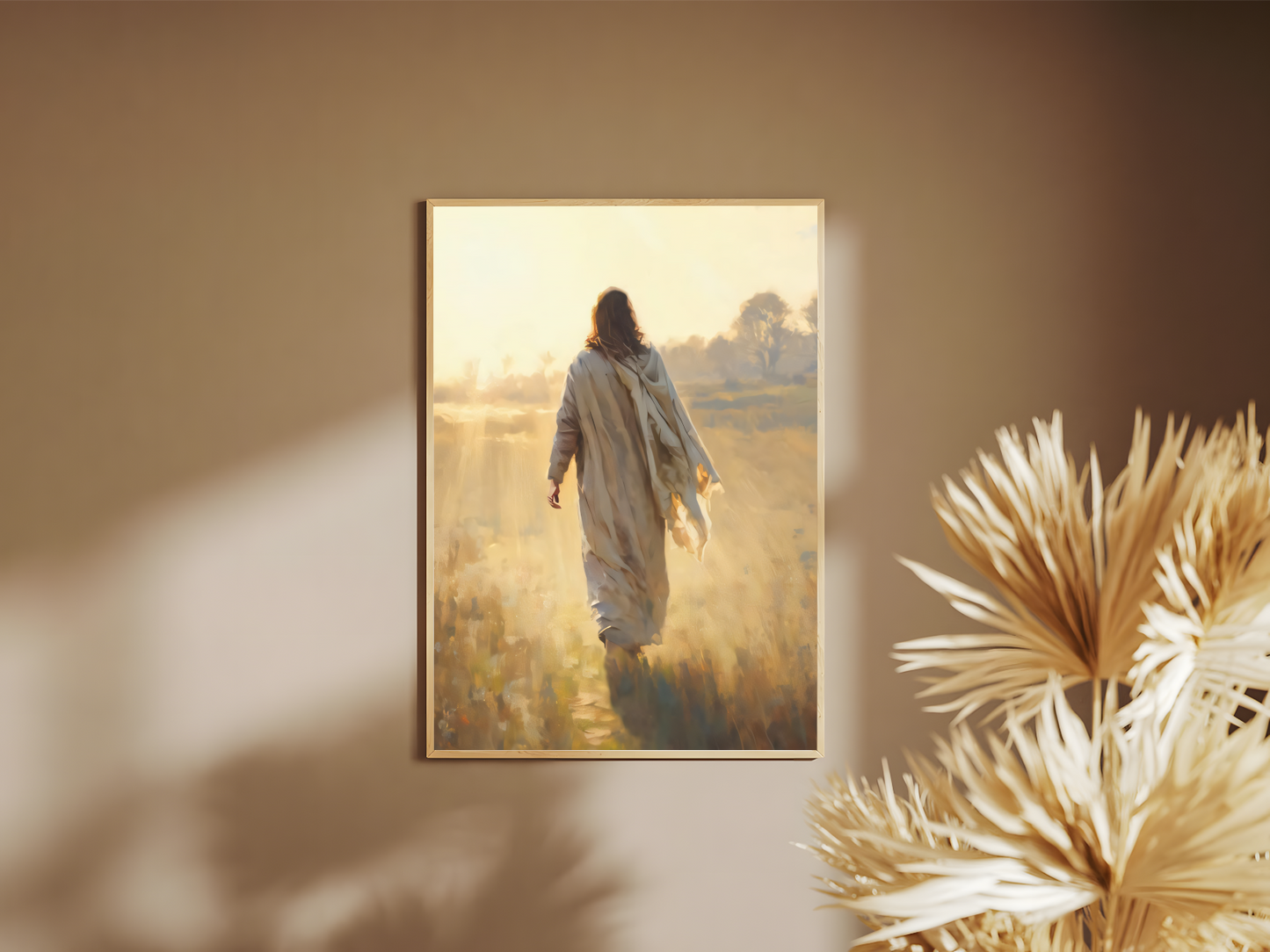 Holzrahmen Poster mit Rahmen von Landschaft mit Jesus von hinten in der Natur mit Baum mit Sonne in gemalten Still in beige weiß braun