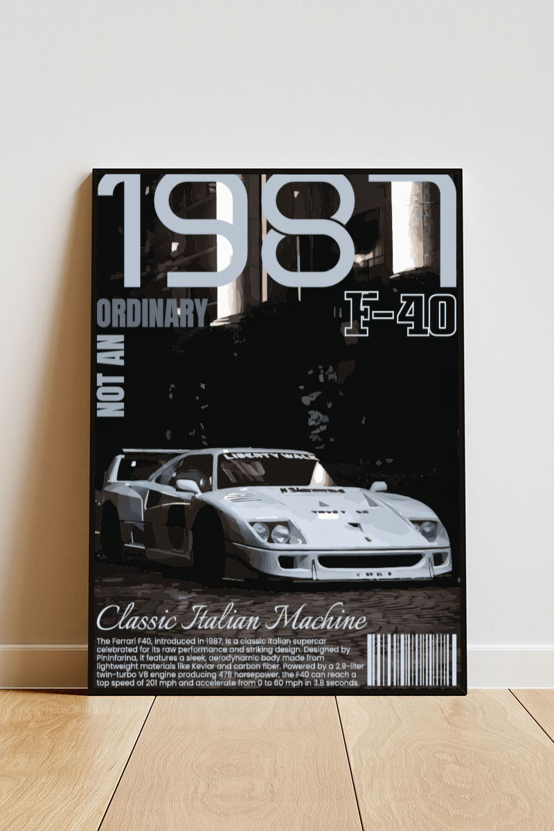 Close-up Poster mit Rahmen von einem gezeichneten weißen Ferrari F-40 mit beschriftung und überschrift in weiß grau schwarz