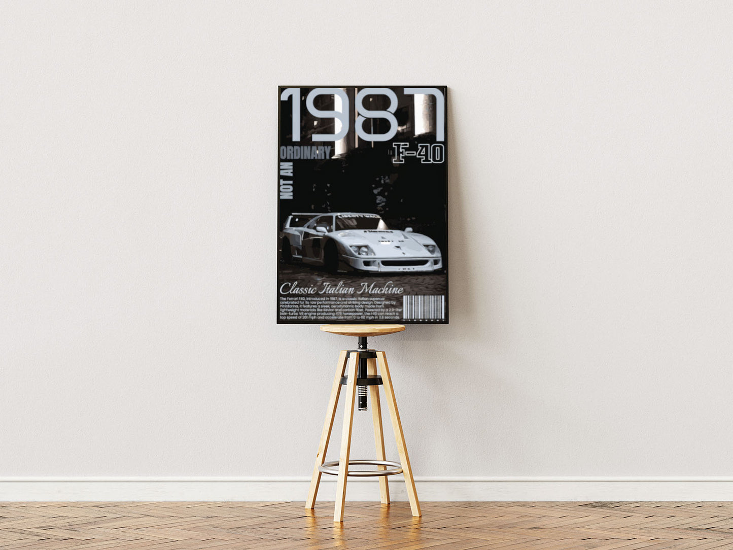 Poster ständer Poster mit Rahmen von einem gezeichneten weißen Ferrari F-40 mit beschriftung und überschrift in weiß grau schwarz