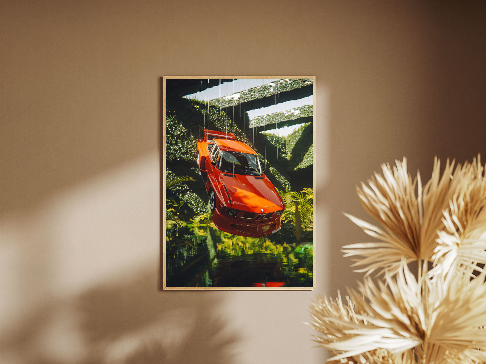 Holzrahmen Poster mit Rahmen vom BMW Auto in verscheidenen Winkeln welches in der Luft schwebt über wasser und mit Natur grün im Hintergrund oranger BMW weiß grün orange