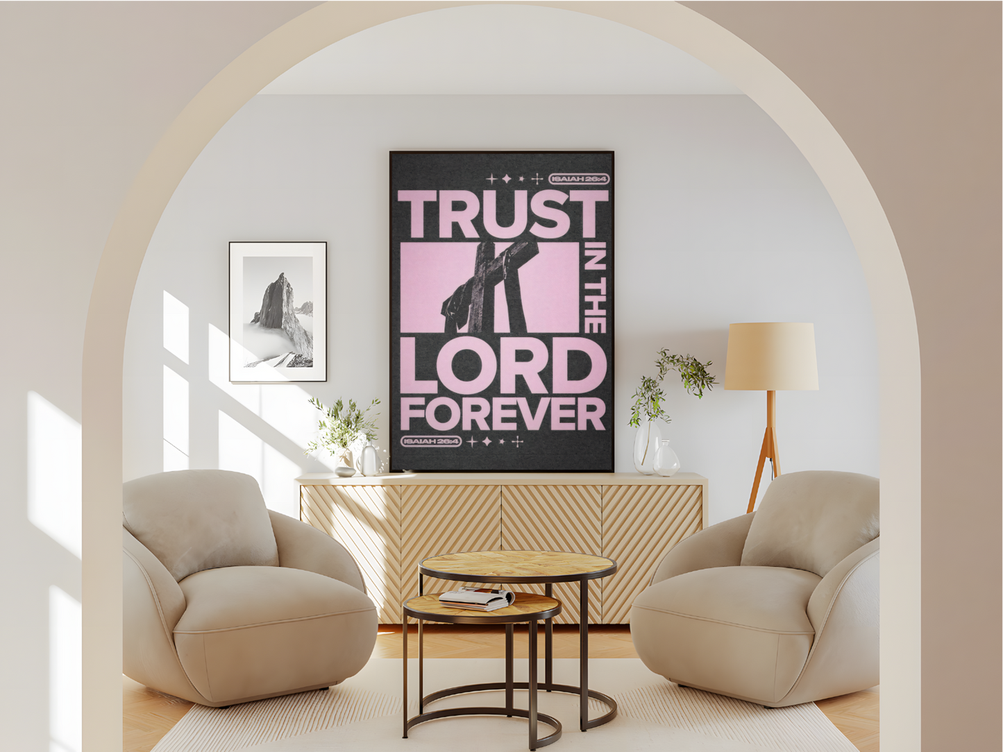 Wohnzimmer  Poster mit Rahmen Religiöses Poster mit Kreuz und Religiösen Spruch in Rosa und schwarz