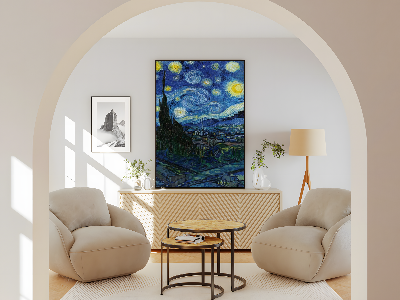 Wohnzimmer Poster mit Rahmen gezeichnetes gemaltes Gemälde Van Gogh Sternen und stadt und Natru in blau, gelb, grün, beige