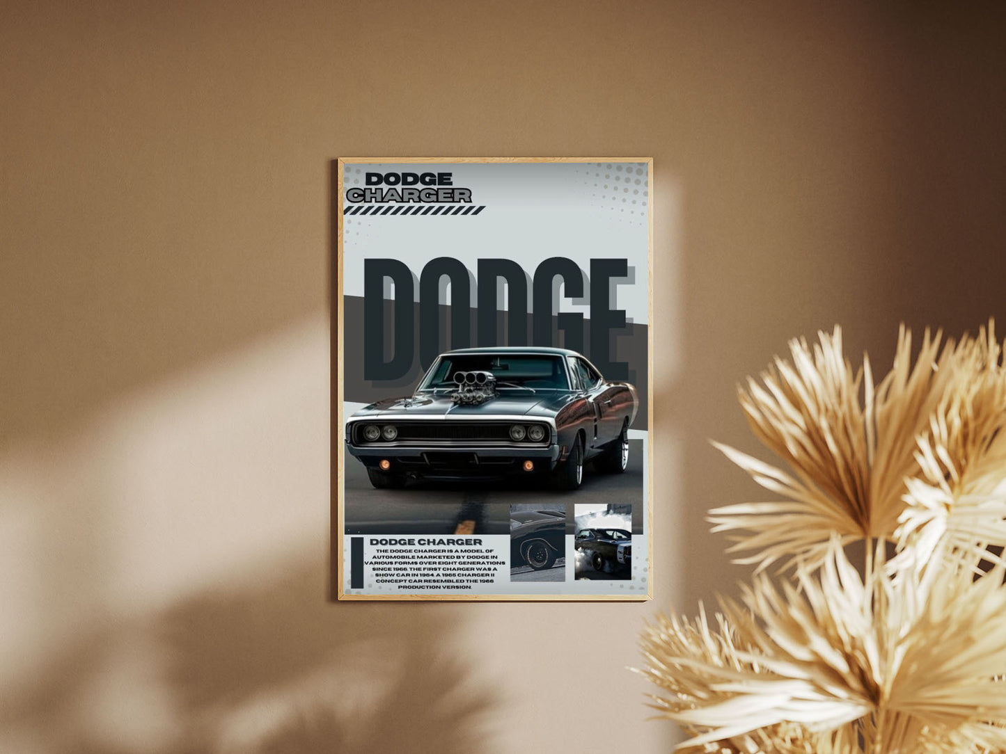 Holzrahmen Poster mit Rahmen Dodge charger mit überschrift und beschreibung auf grauen und weißen hintergrund grau weiß silber