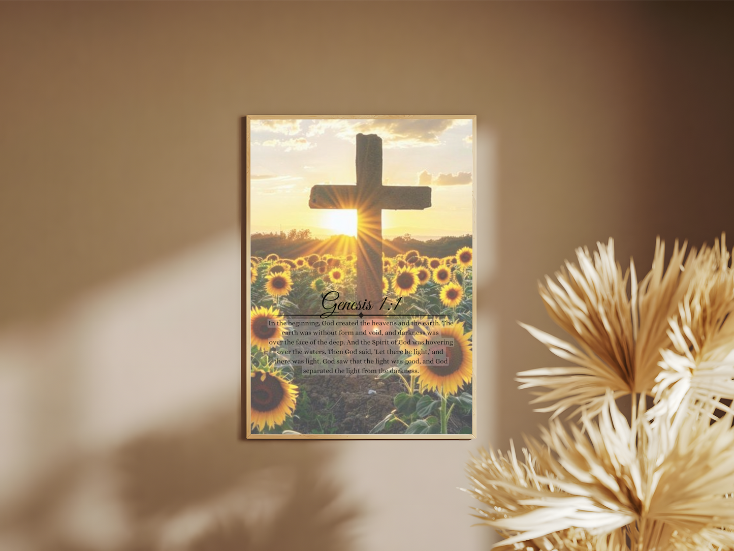 Holzrahmen Poster mit Rahmen von Sonnenblumenwiese mit religiösen Kreuz und Sonne mit Religionszitat aus der Bibel und überschrift in gelb grün schwarz weiß