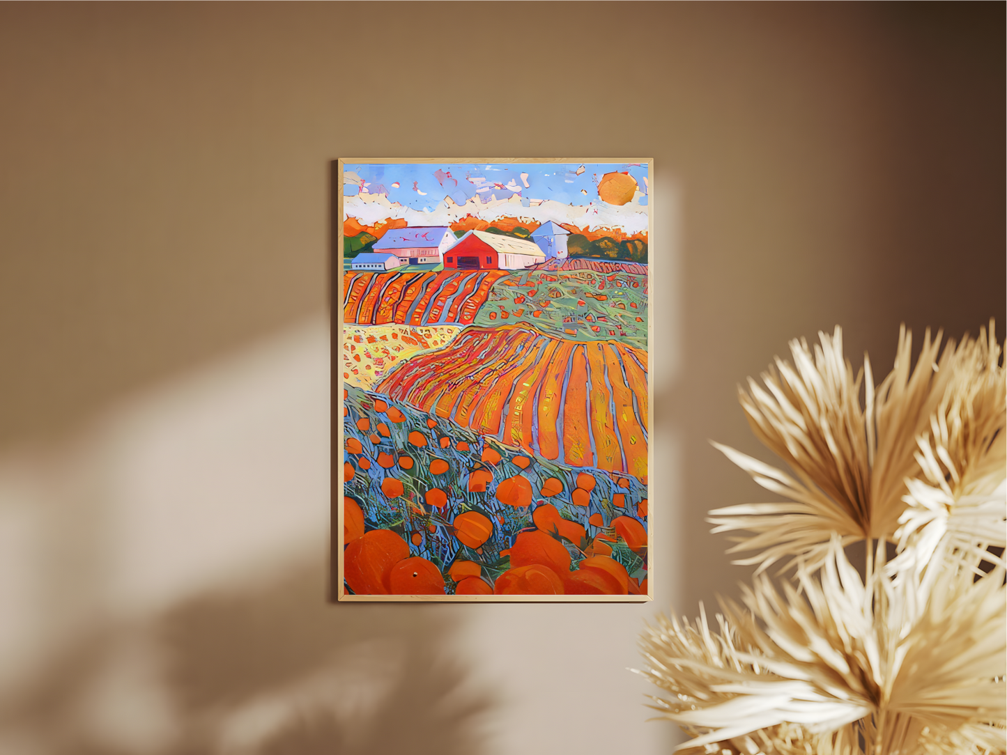 Wohnzimmer  Poster mit Rahmen gezeichnetes Gemälde mit oranger Landschaft und Feldern und Blumen und Farm im Hintergrund orange grün blau beige