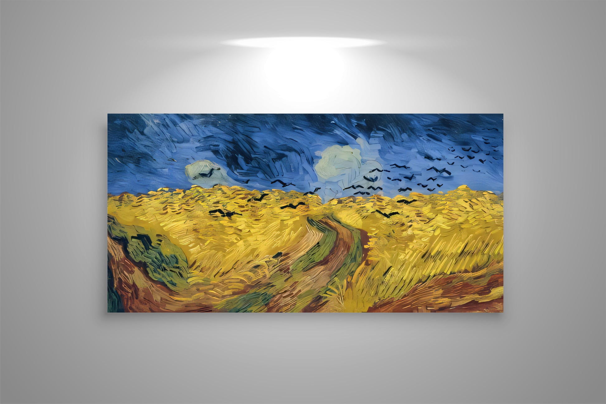 beleuchtetete  Leinwand gezeichnetes gemaltes Gemälde von Van Gogh mit raben über felder in blau gelb beige schwarz