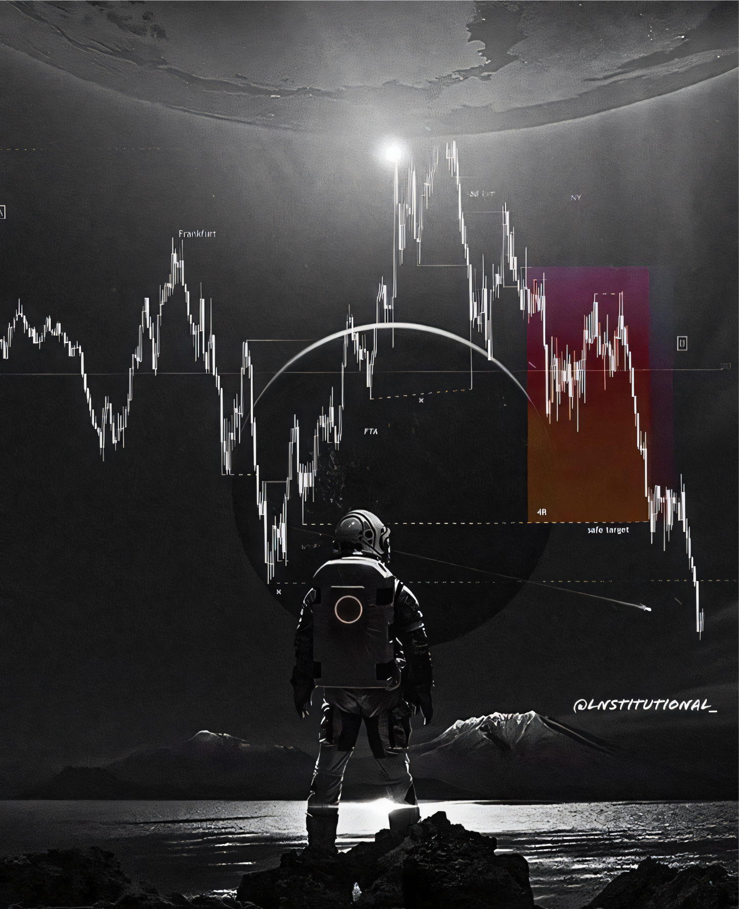 Nahaufnahme poster mit aktien Chart mit Astronaut, Kunst gemälde Börse Weltall