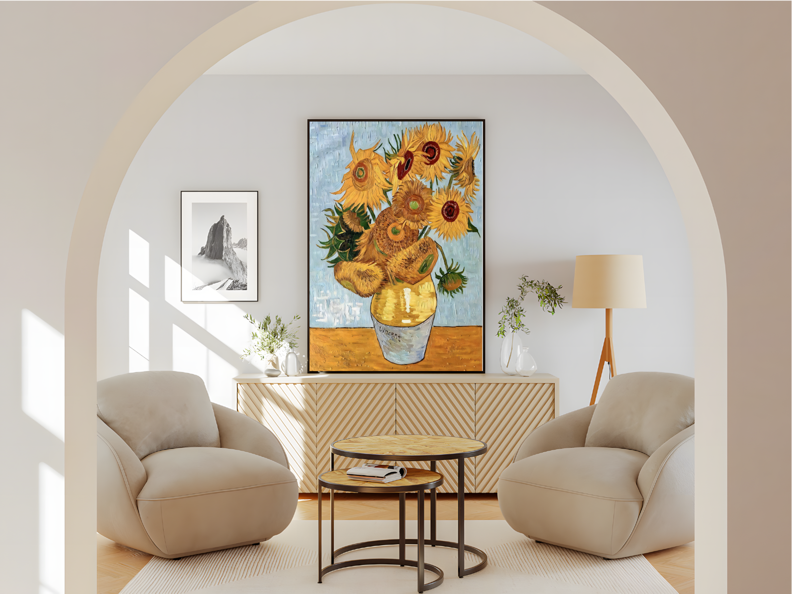 Wohnzimmer Poster mit Rahmen von gemalden gezeichnetem Gemälde von Sonnenblumen in einer Vase in rot gelb blau beige