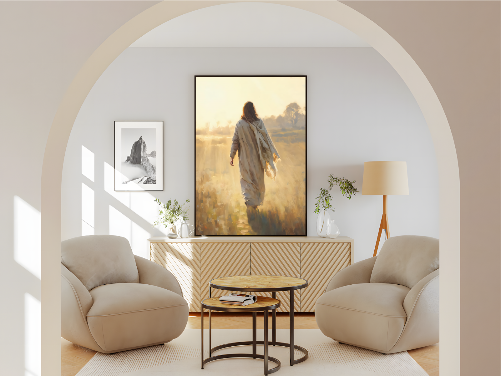 Wohnzimmer Poster mit Rahmen von Landschaft mit Jesus von hinten in der Natur mit Baum mit Sonne in gemalten Still in beige weiß braun