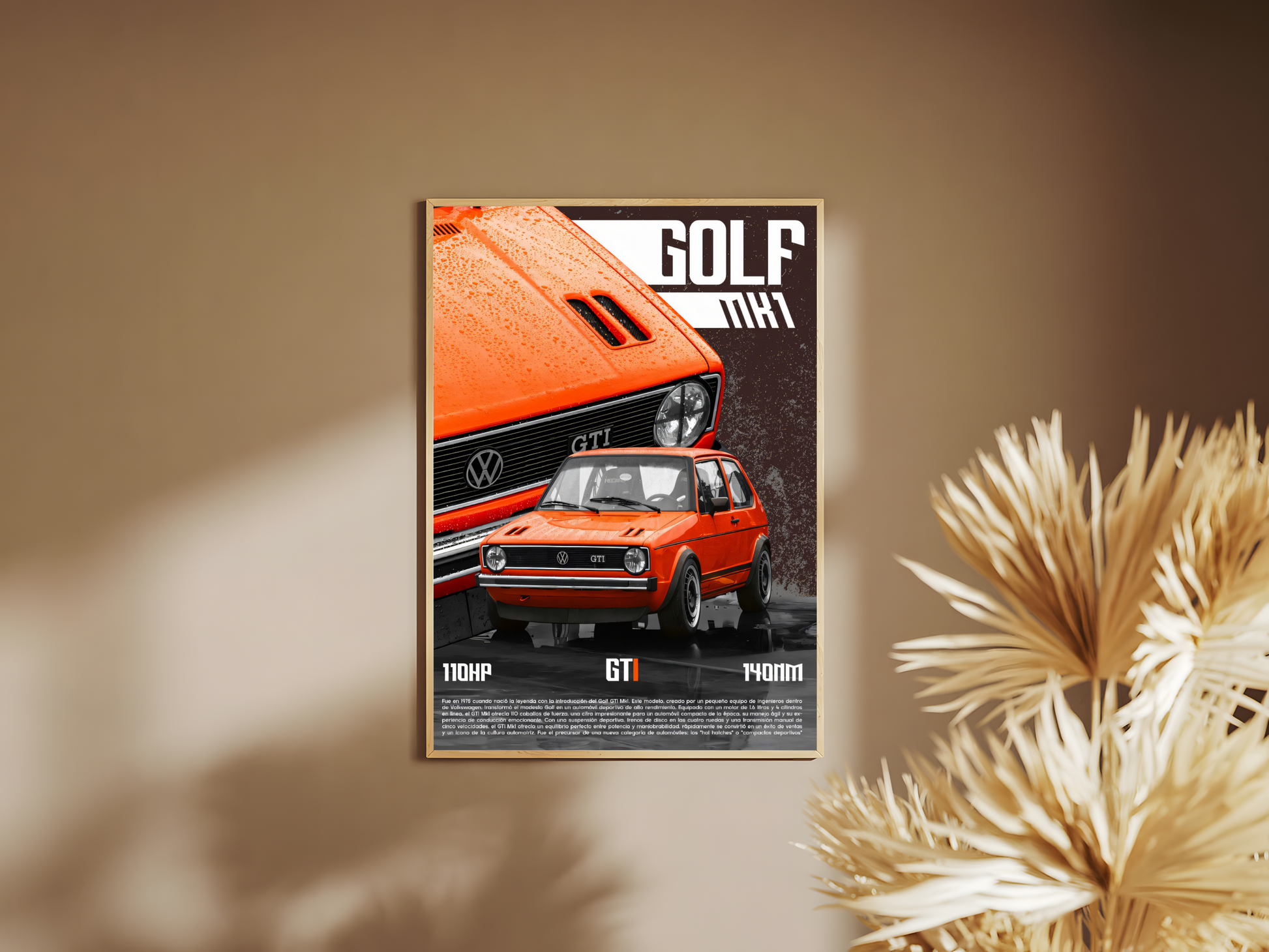 Holzrahmen Poster mit Rahmen von VW Golf MK1 mit überschrift und beschreibung mit regenspritzer in orange grau weiß 