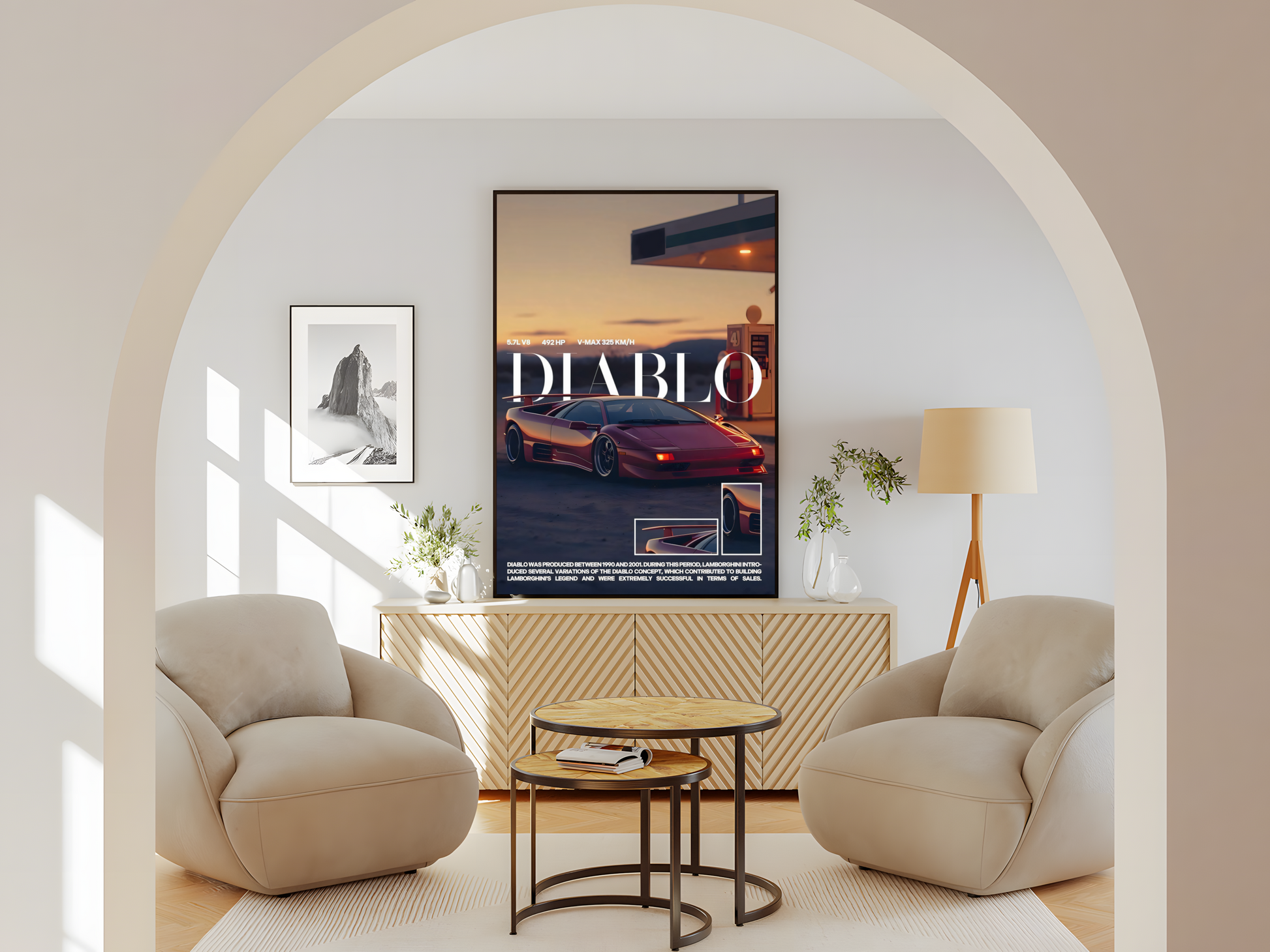 Wohnzimmer Poster mit Rahmen von Ferrari Diablo in rot an einer Tankstelle mit landschaftlichen Hintergrund und Bergen in weiß und grau rot orange