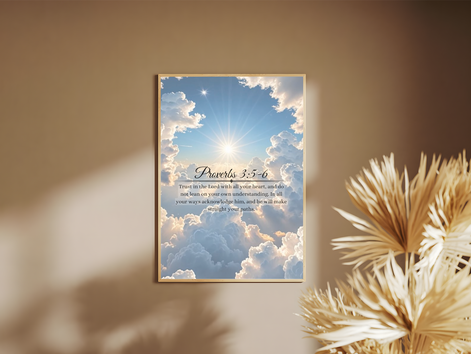 Holzrahmen Poster mit Rahmen Himmel mit Wolken mit Religiöse überschrift und Religiösen Bibelzitat in blau weiß schwarz