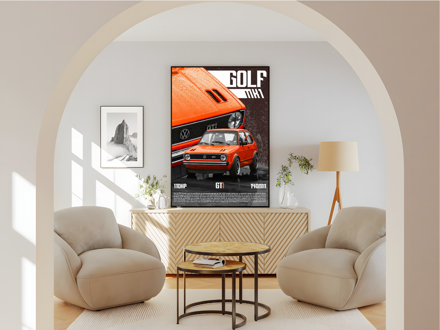 Wohnzimmer Poster mit Rahmen von VW Golf MK1 mit überschrift und beschreibung mit regenspritzer in orange grau weiß 