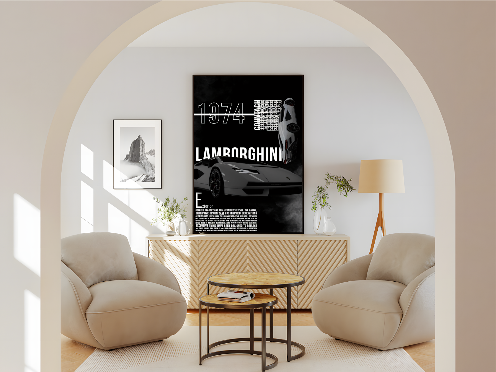 Wohnzimmer Poster mit Rahmen von Lamborghini aus dem Jahr 1974 mit beschreibung und überschrift auf schwarzem hintergrund weiß grau