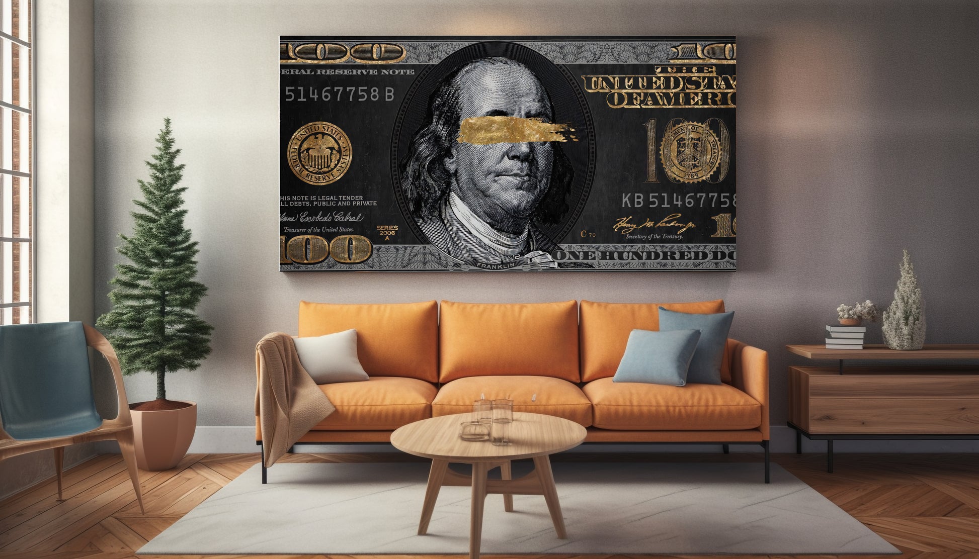 Wohnzimmer Leinwand von 100 Dollar schein motivierendes Design in Gold und schwarz