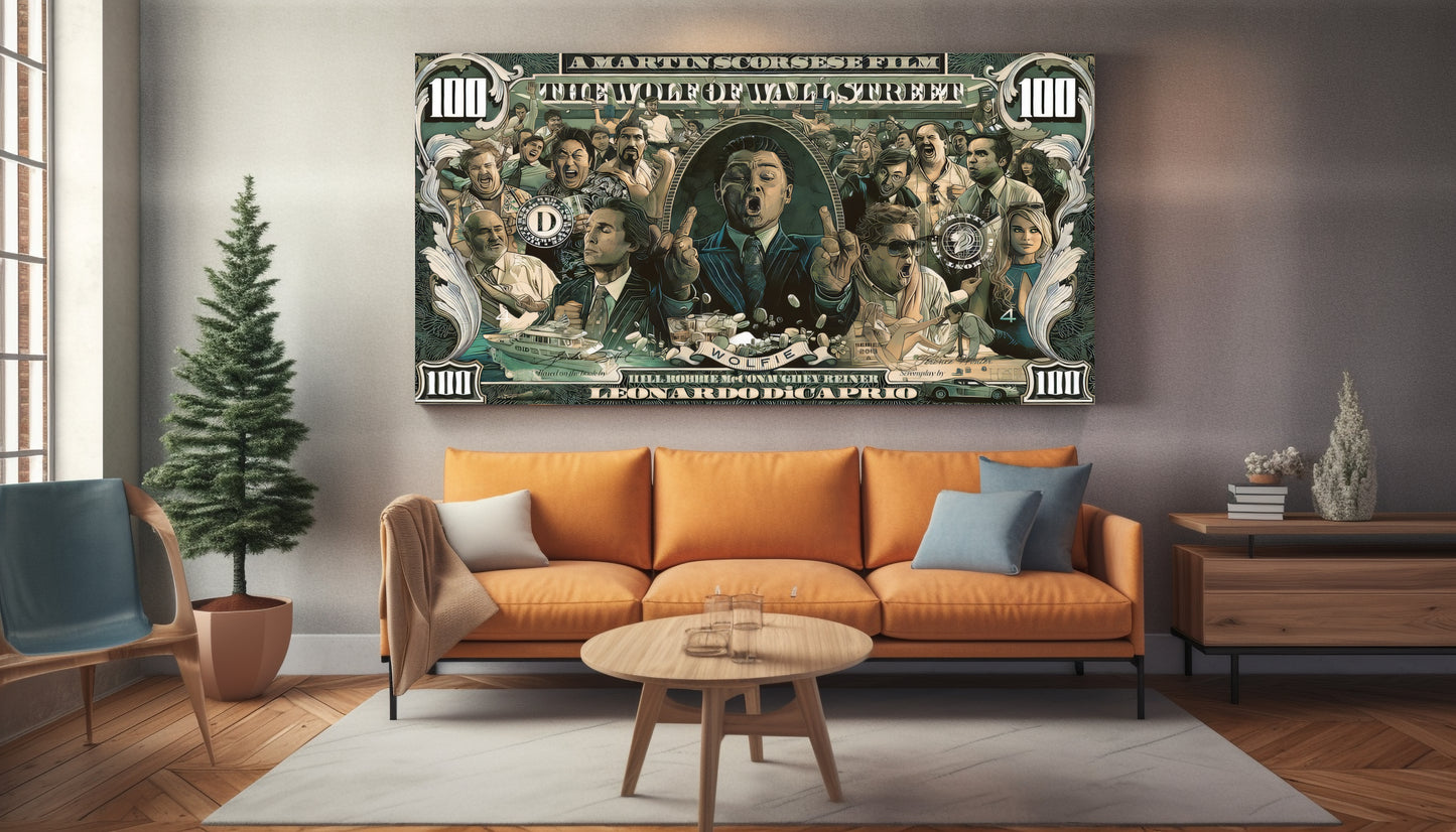 Wohnzimmer  Leinwand von Jordan Belford und Film Wolf of Wallstreet in form von 100 Dollar Schein mit viele Charakteren und Geld in Grün
