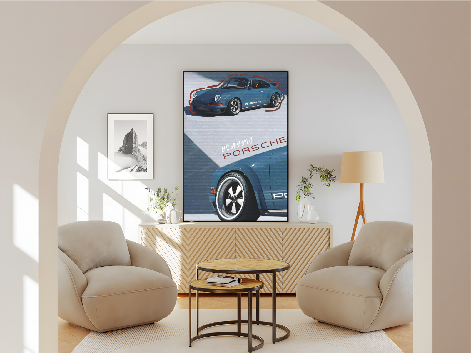 Wohnzimmer Poster mit Rahmen Vintage Porsche 911 in blau weiß mit roter umrandung schwarz blau weiß