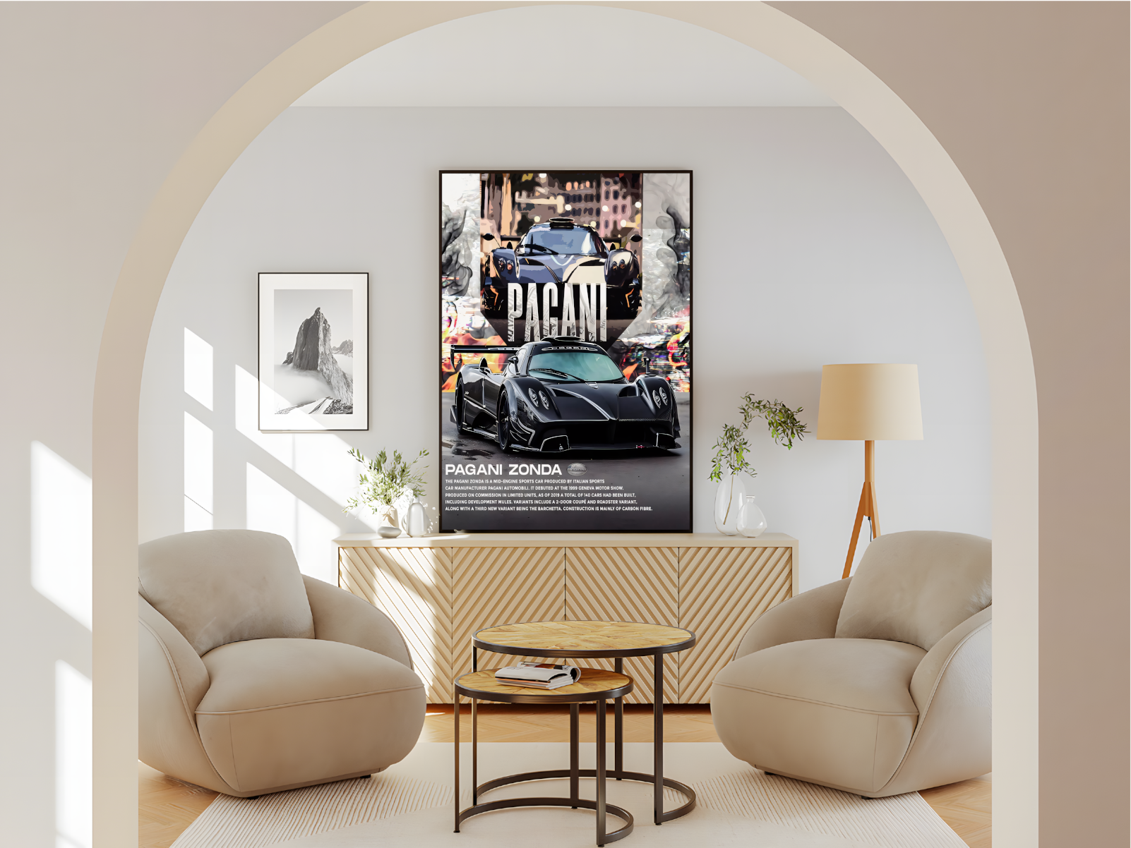 Wohnzimmer Poster mit Rahmen von Pagani im gezeichneten Stil mit feuer und rauch im Hintergrund mit überschrift und beschreibung in weiß grau orange silber