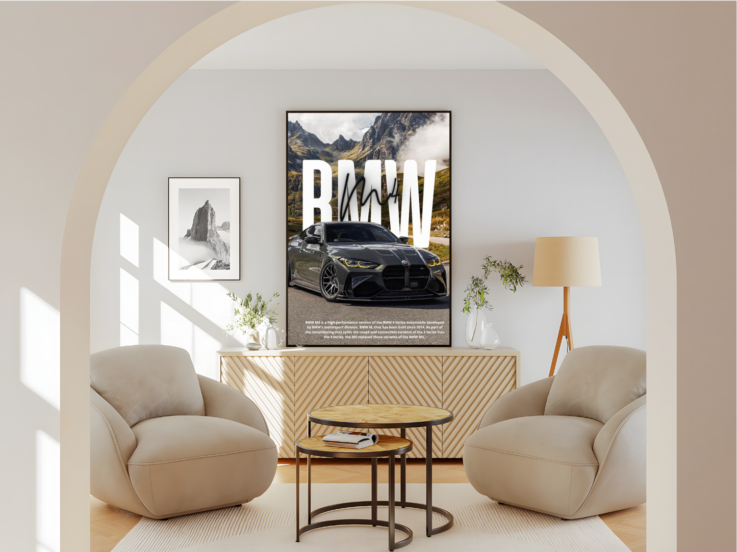 Wohnzimmer  Poster mit Rahmen von BMW M4 mit Bergen und Landschaft im Hintergrund in grau weiß grün mit beschriftung und überschrift