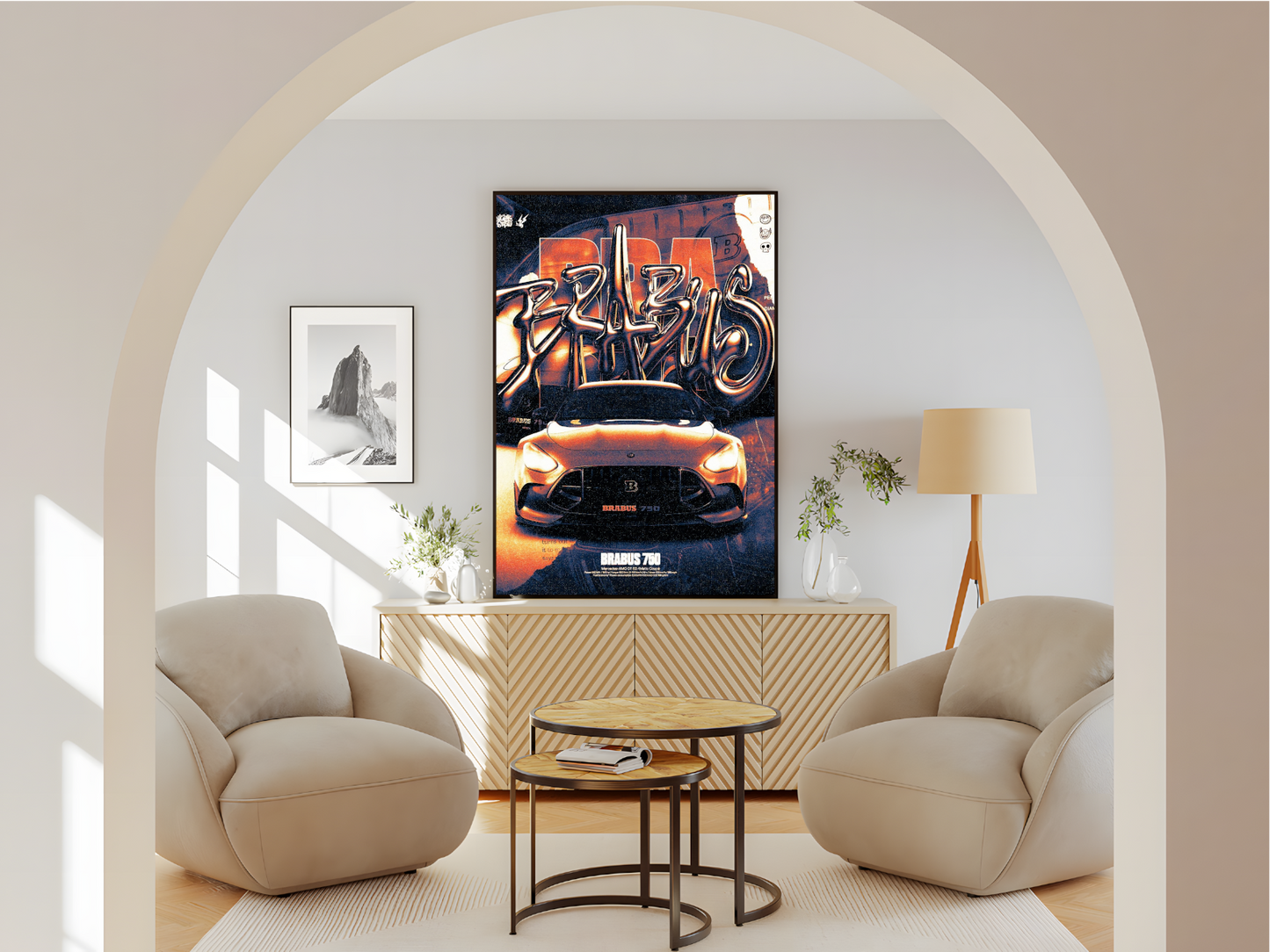 Wohnzimmer Poster mit Rahmen von Brabus im gezeichneten Grafiti still in Bronze mit Beschriftung und Überschrift grau schwarz bronze 