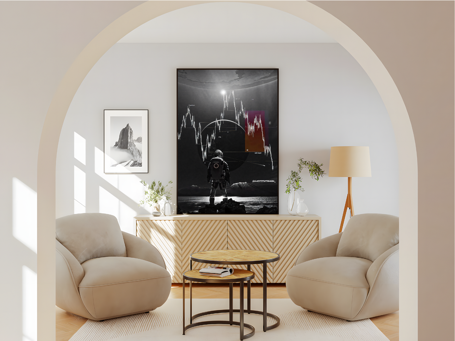 Wohnzimmer poster mit aktien Chart mit Astronaut, Kunst gemälde Börse Weltall