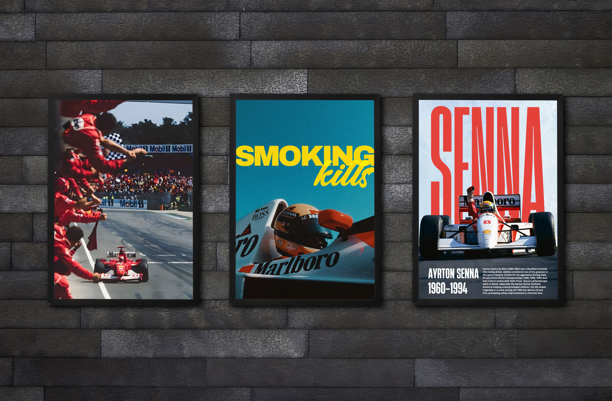 Close-up Poster mit Rahmen 3er Formel 1 Poster Bundle Set eines von Schumacher im Ferrari fährt übers Ziel, eines Vintage Senna mit Beschreibung und überschrift und ein Smoking kills F1 Poster