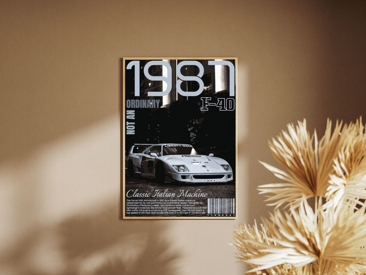 Holzrahmen Poster mit Rahmen von einem gezeichneten weißen Ferrari F-40 mit beschriftung und überschrift in weiß grau schwarz